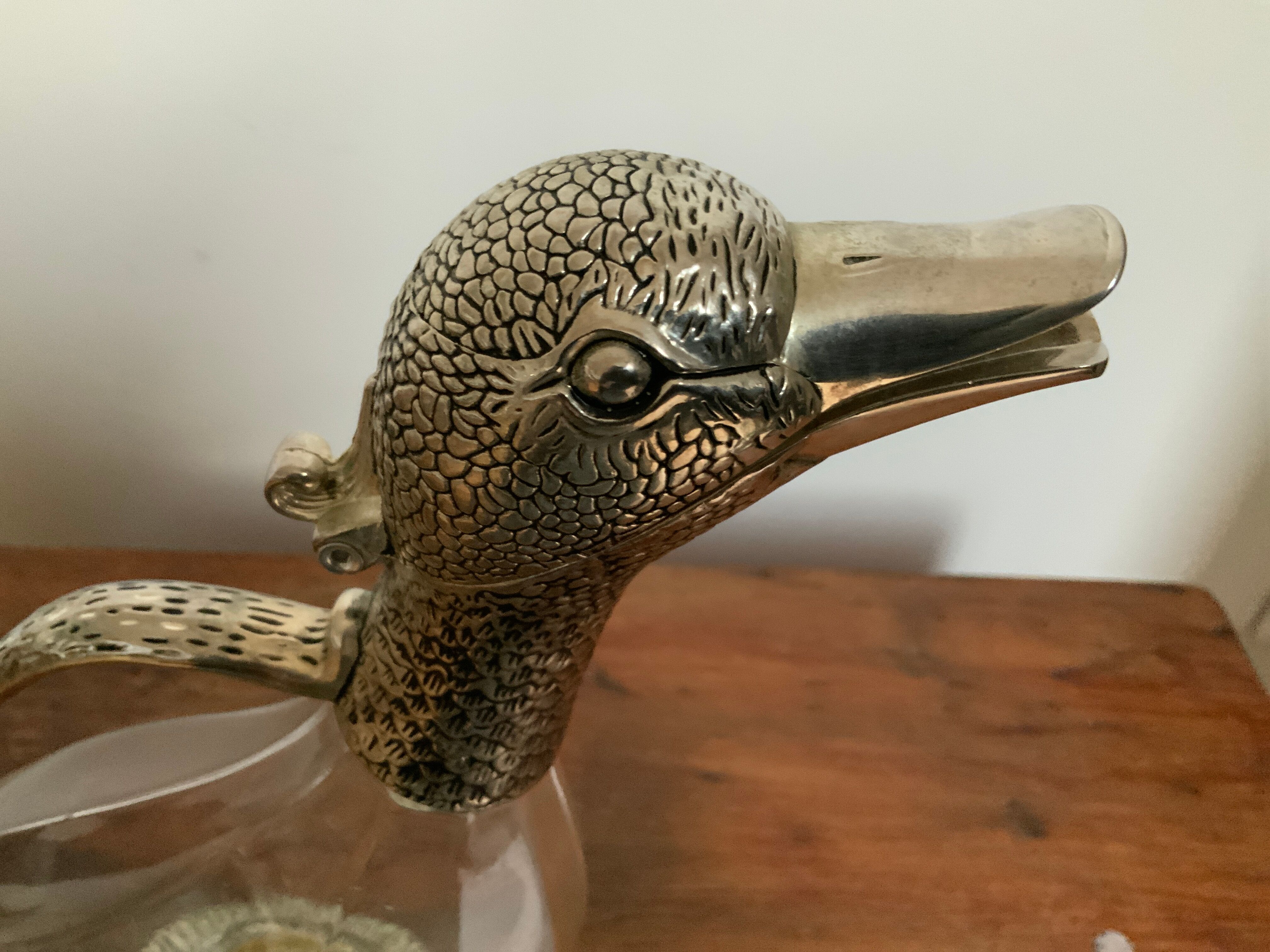 Carafe glass spout pouring duck head in silver metal