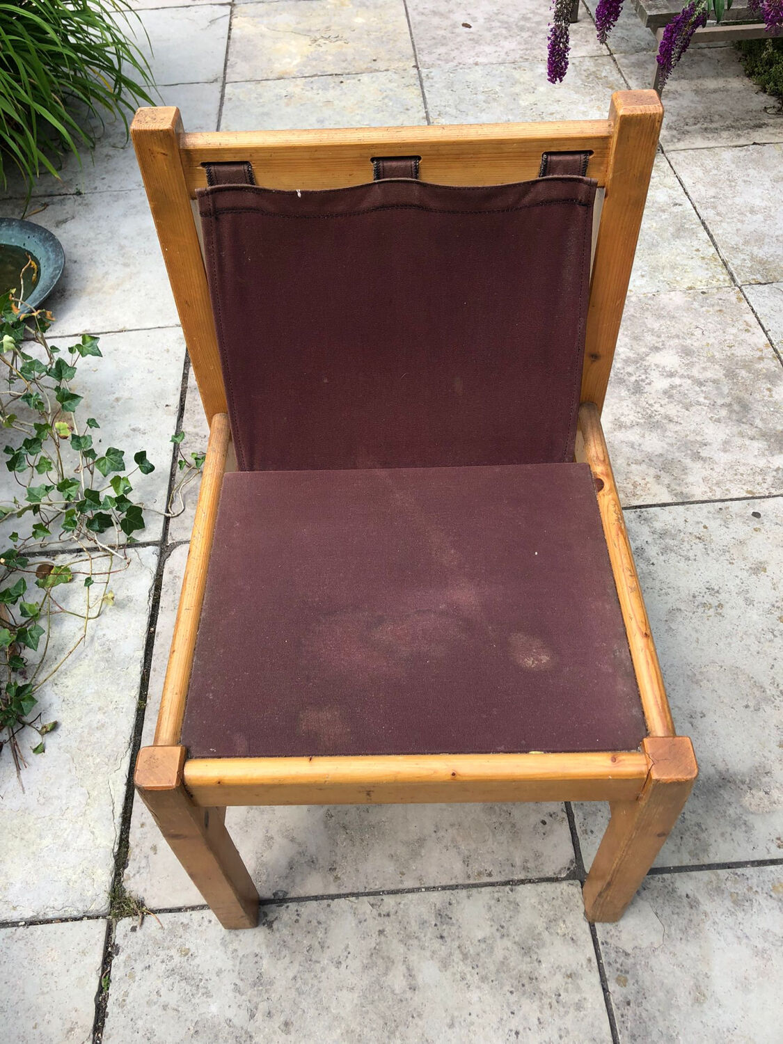 Set of 6 pine dining chairs sling seats canvas upholstery