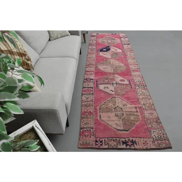 Vintage Turkish Hand-Knotted Wool Cotton Pink Runner Rug 100x335