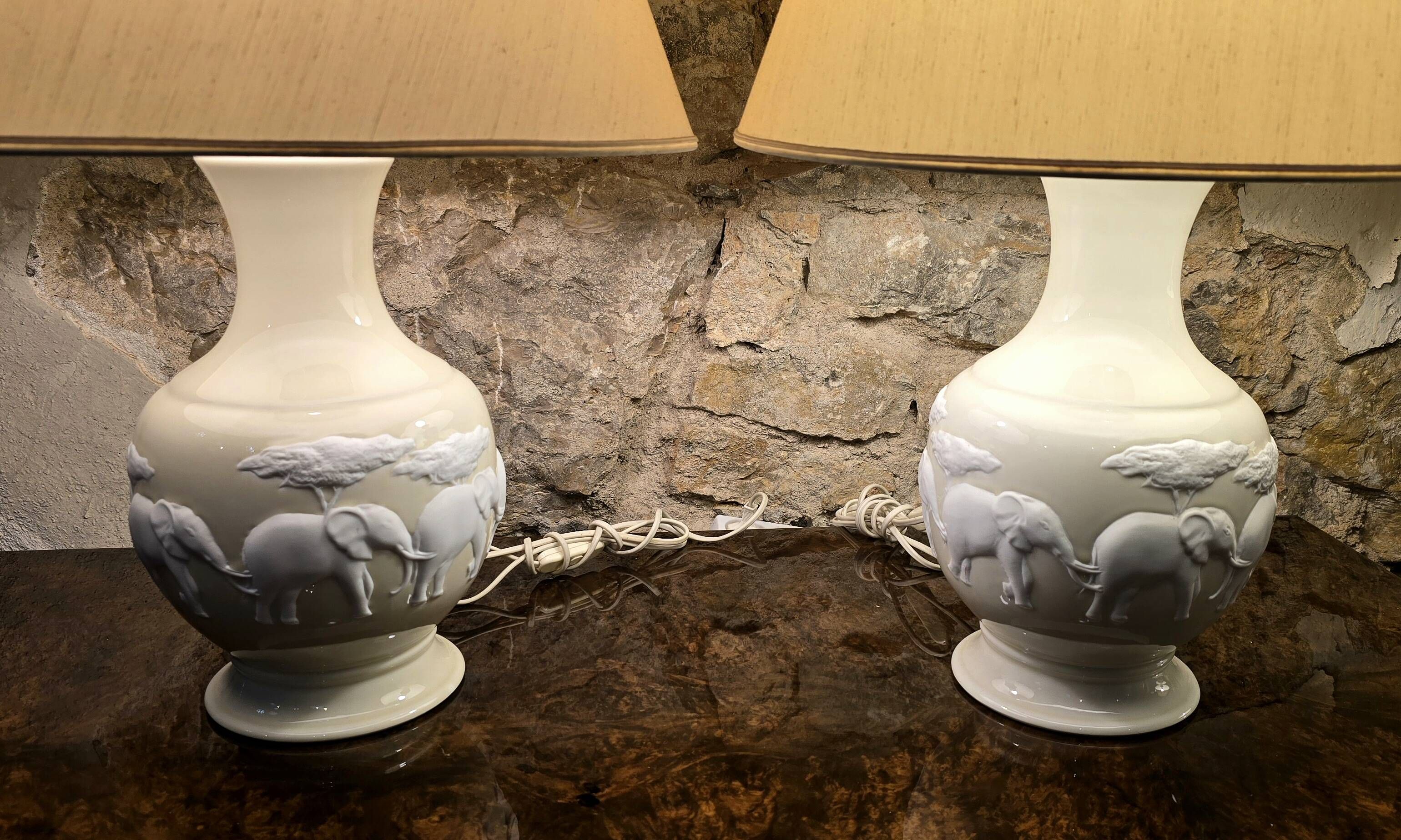 Pair of Raynaud Limoges lamps – Kenya model – Biscuit elephants – 20th century