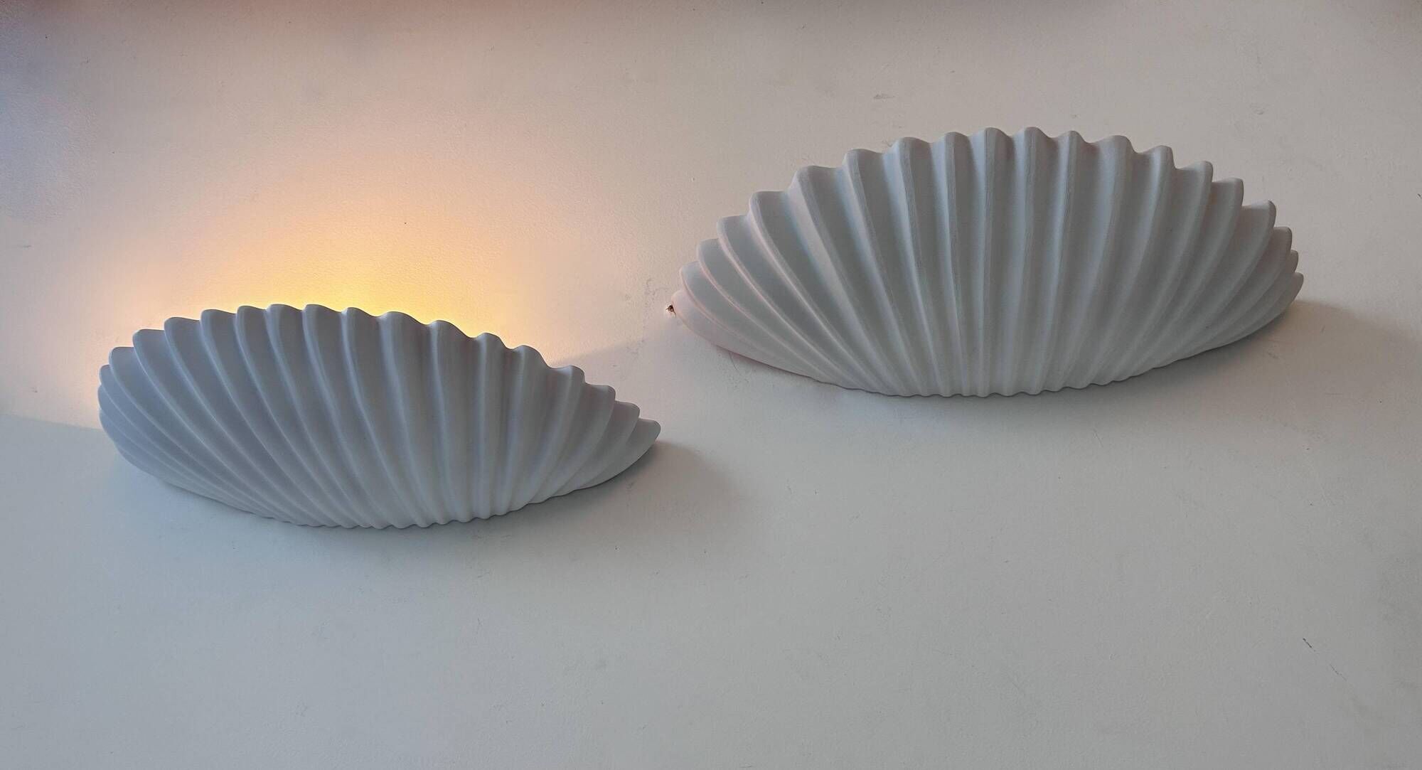 Pair of vintage shell wall lights, matte white, France 1970