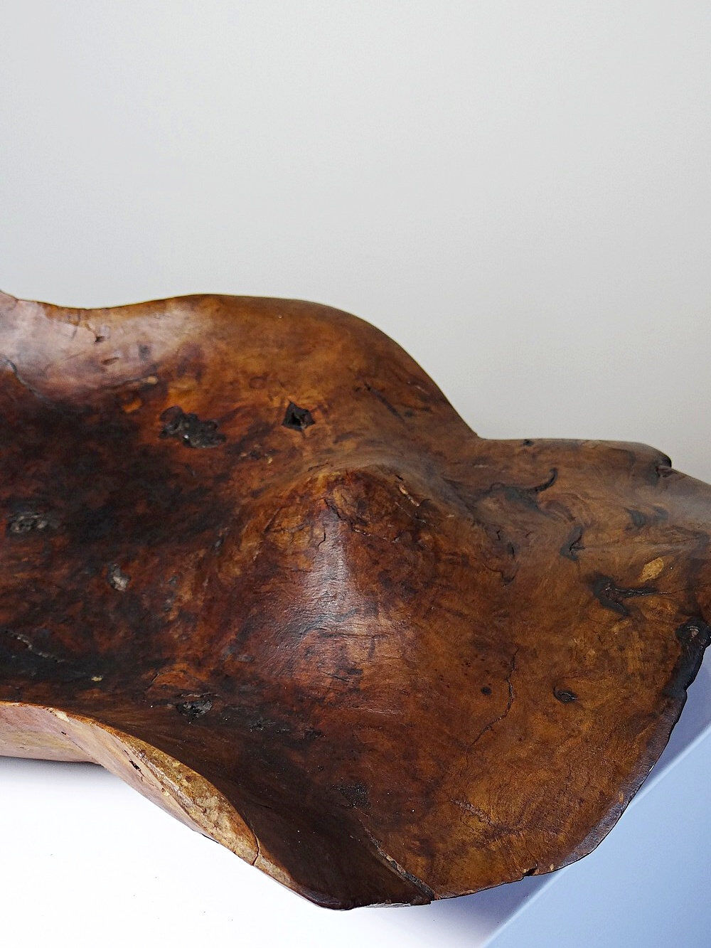 Large monoxyle bowl made of dark raw olive wood from the 1950s.