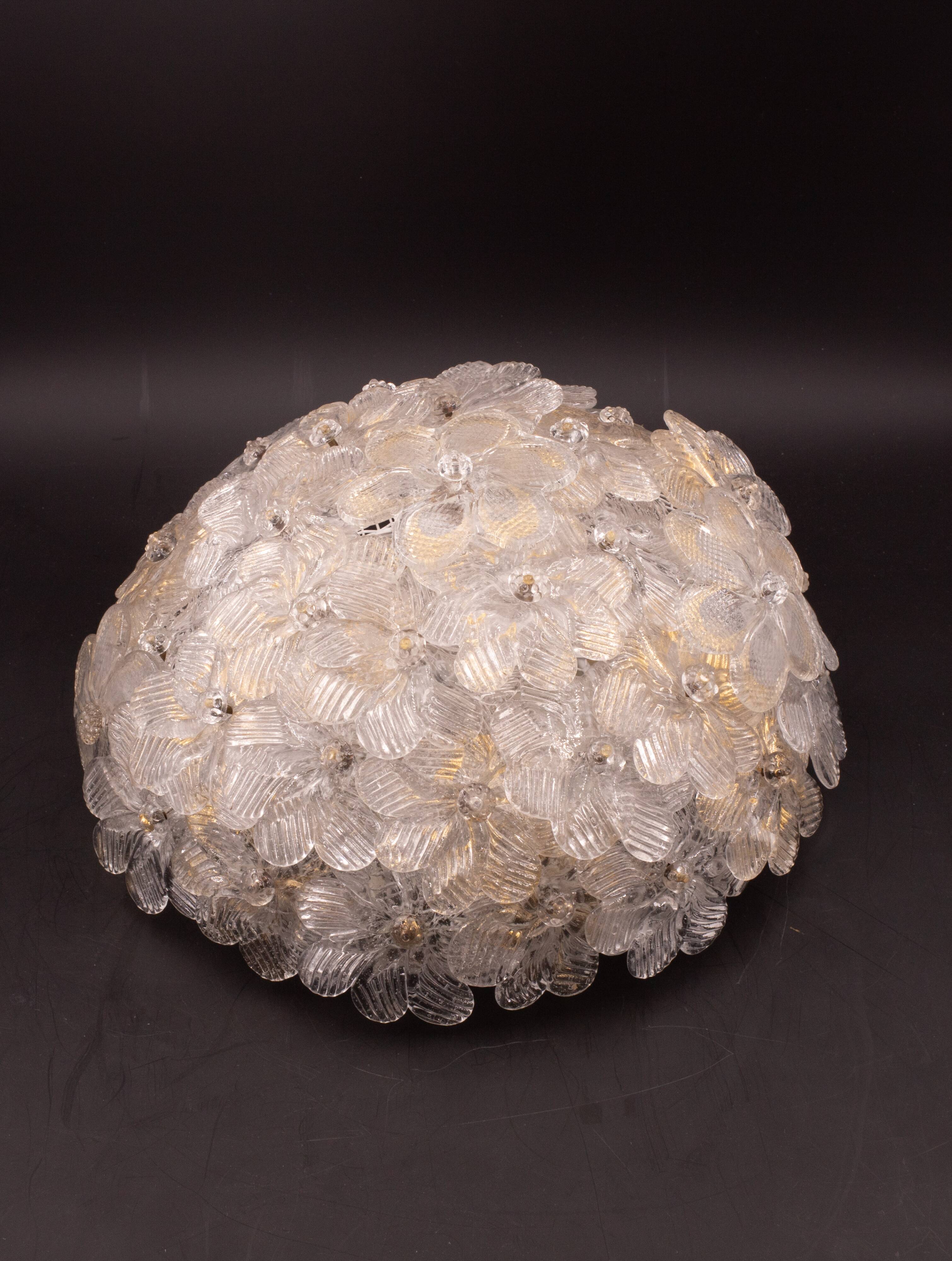 Murano Ceiling Light Gold and Traspare Flower by Seguso for Venini, Italy, 1960s