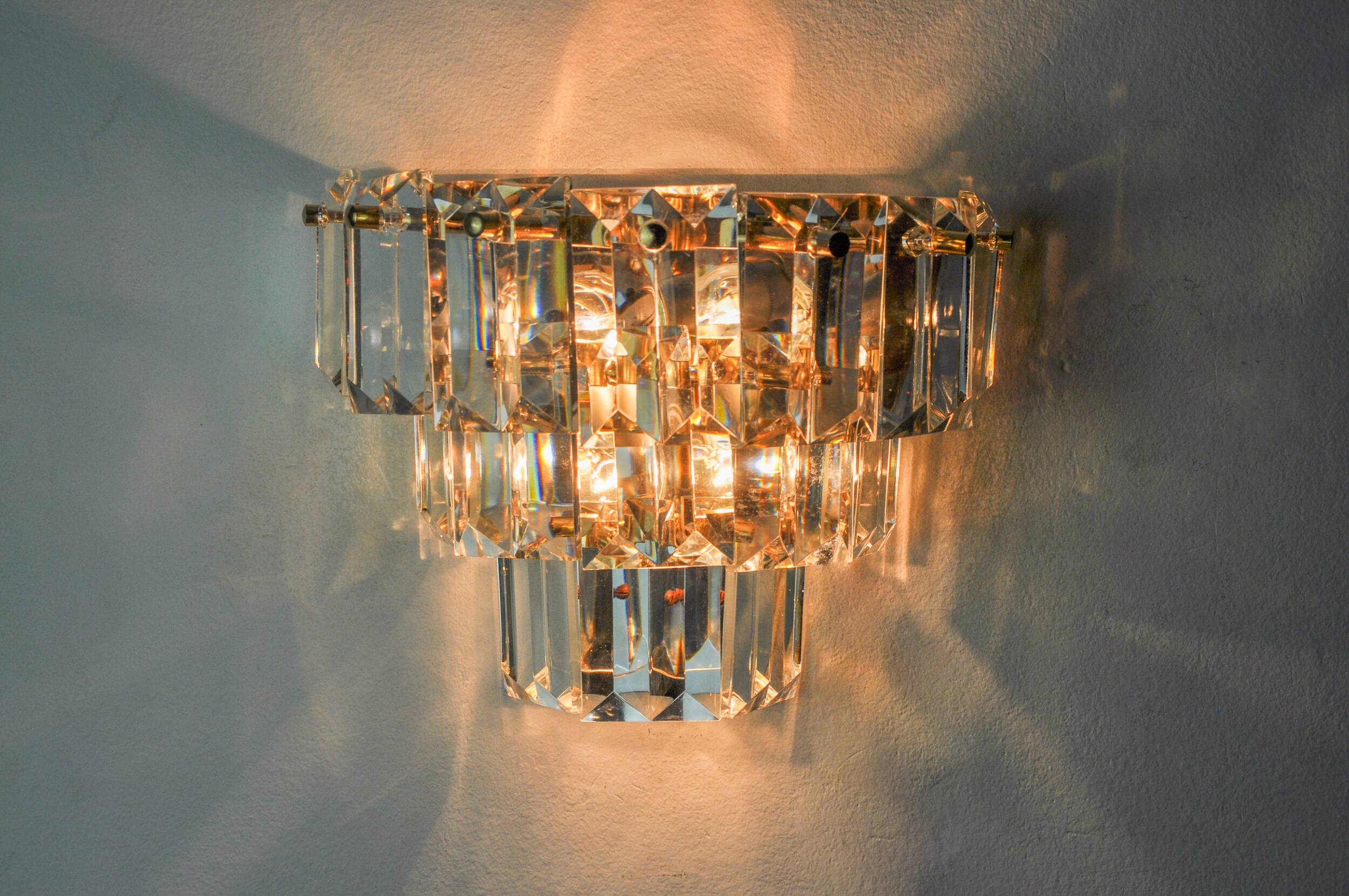 Kinkeldey wall light, cut crystals, 3 levels, Germany, 1970