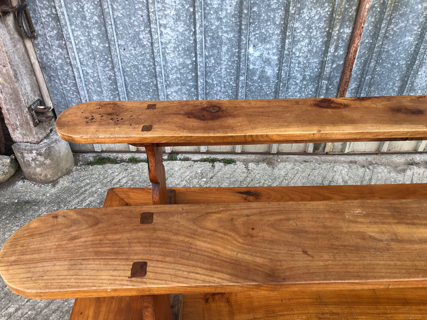 Antique farmhouse table in solid cherry wood with its 2 benches