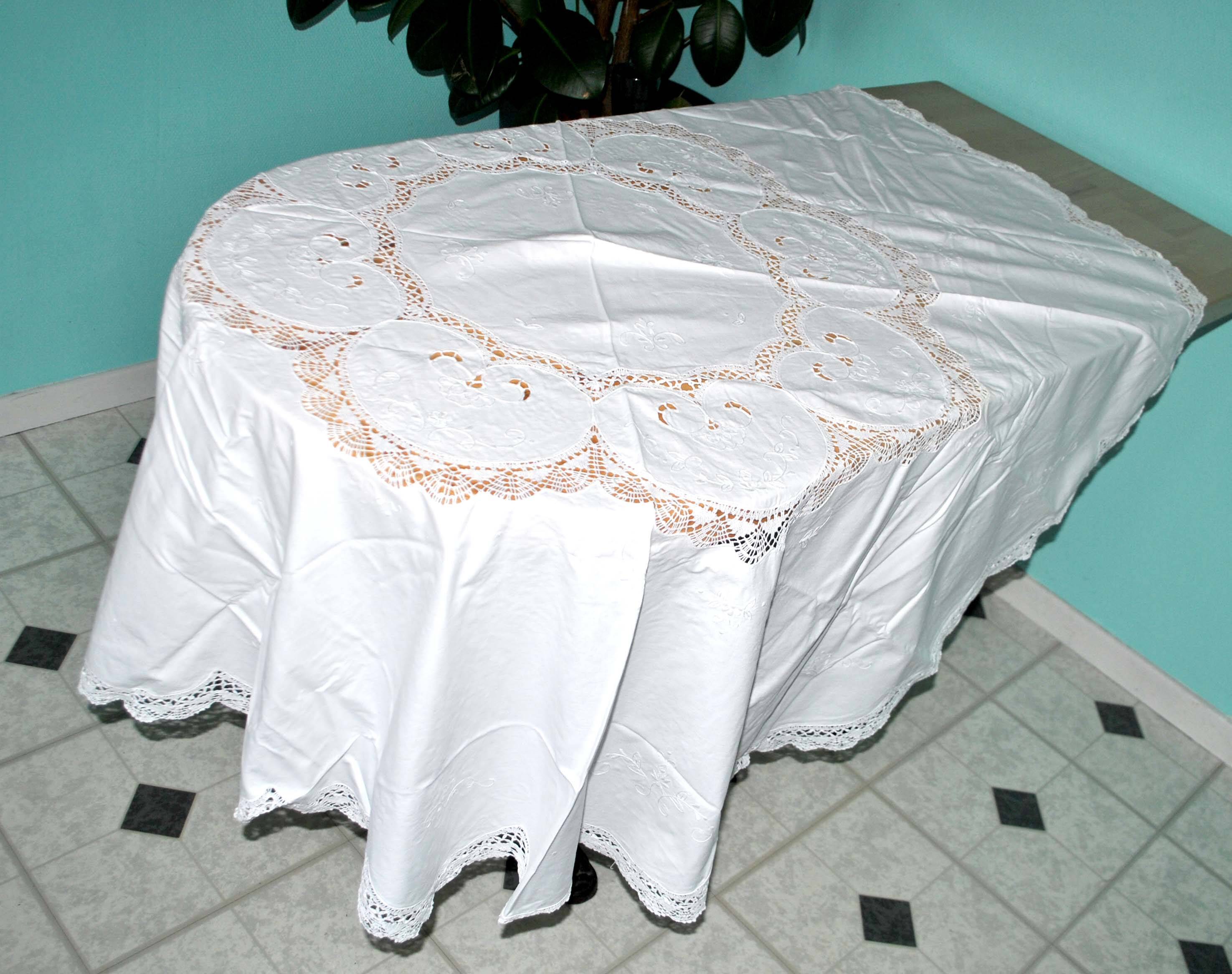 Nappe ronde vintage en coton brodé et ajouré 160x160cm *M3*
