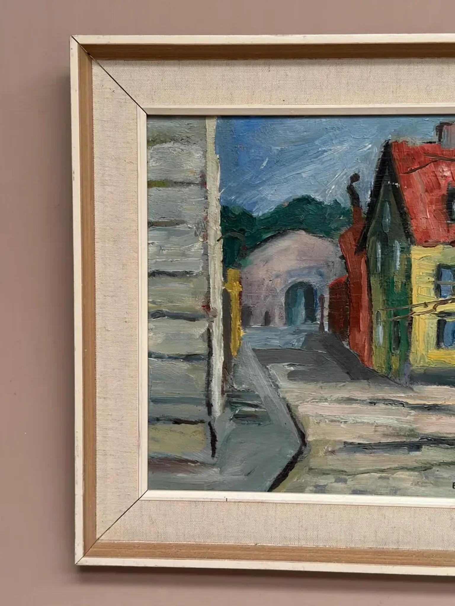 Original Swedish Oil on Panel – “Urban Landscape” by B. Gustavson – Signed – Dated 1947 – Vintage & Framed