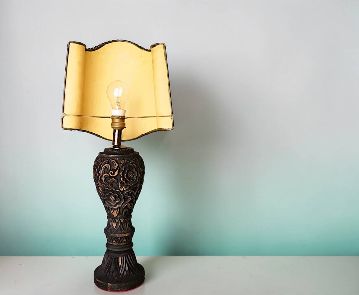 Large Carved Wood Half Shade Table Lamp