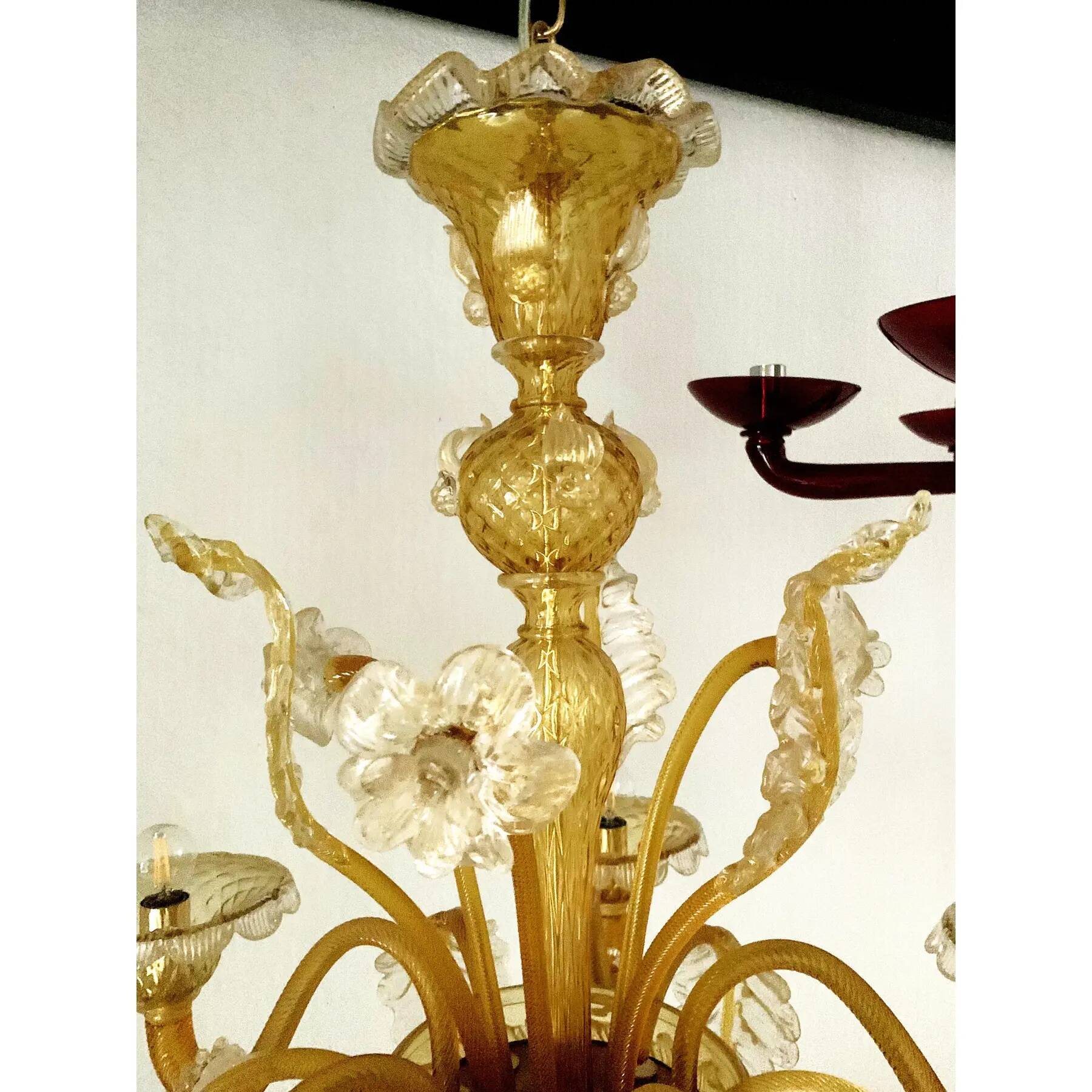 Venetian Murano-Style Chandelier in Transparent and Amber Glass with Flower