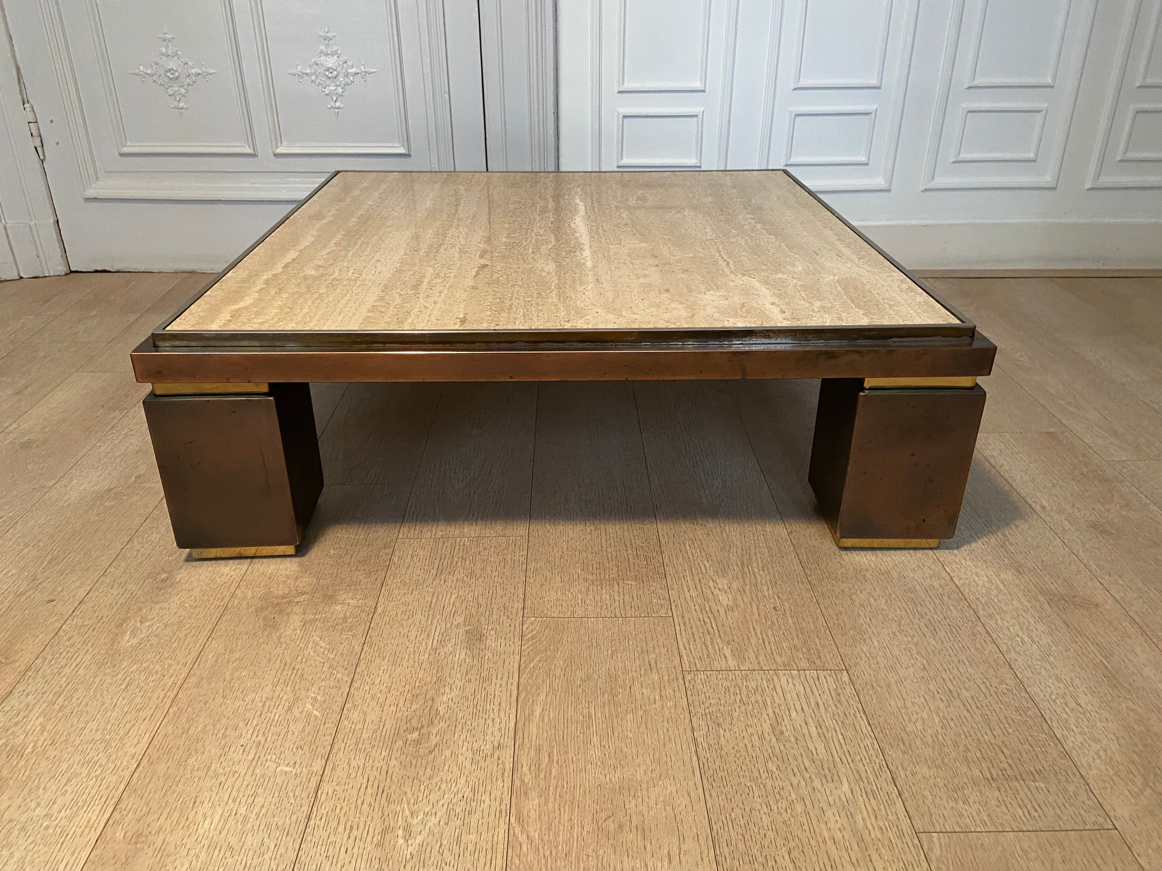 XXL copper brass and travertine square coffee table, Belgo Chrom