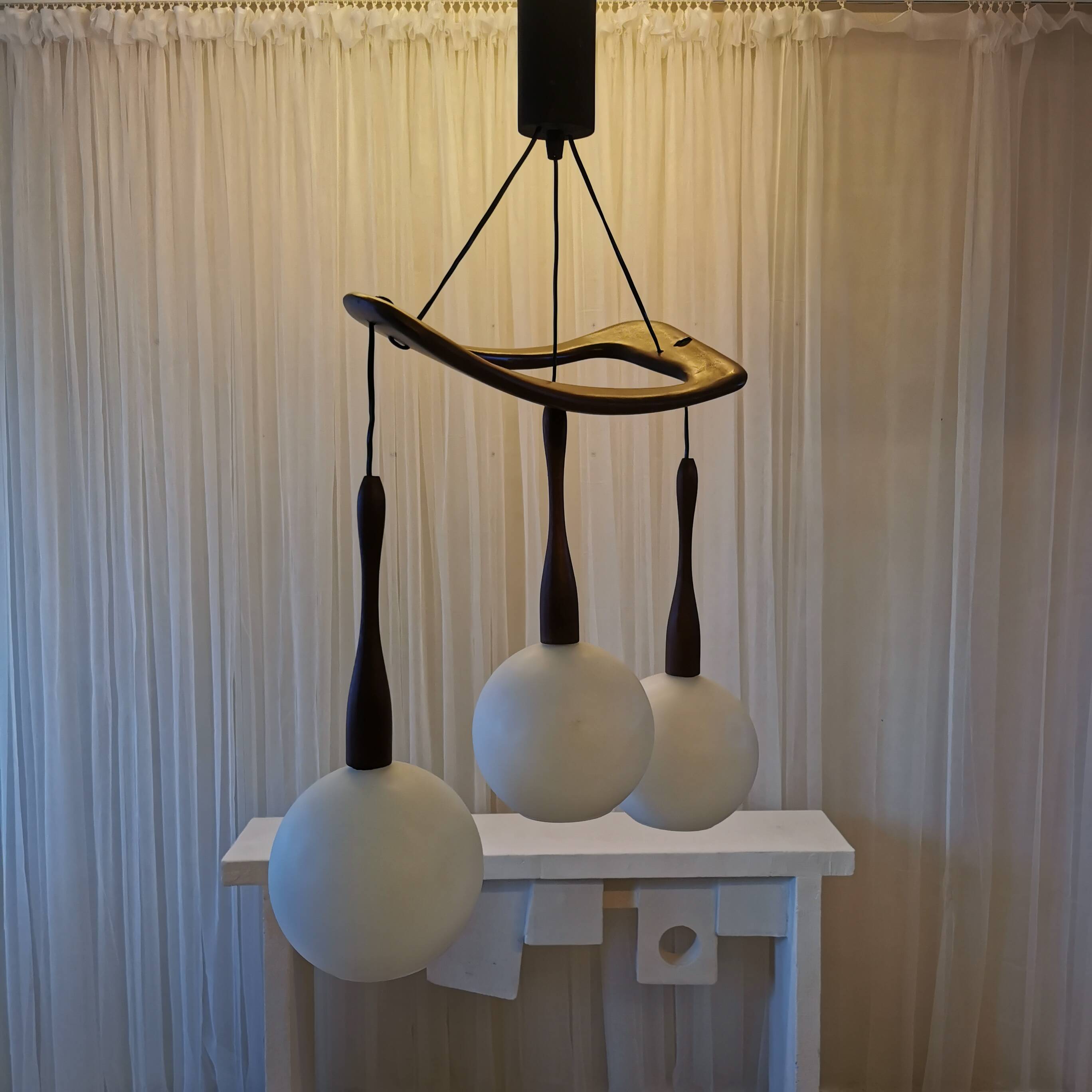 Teak and opaline chandelier