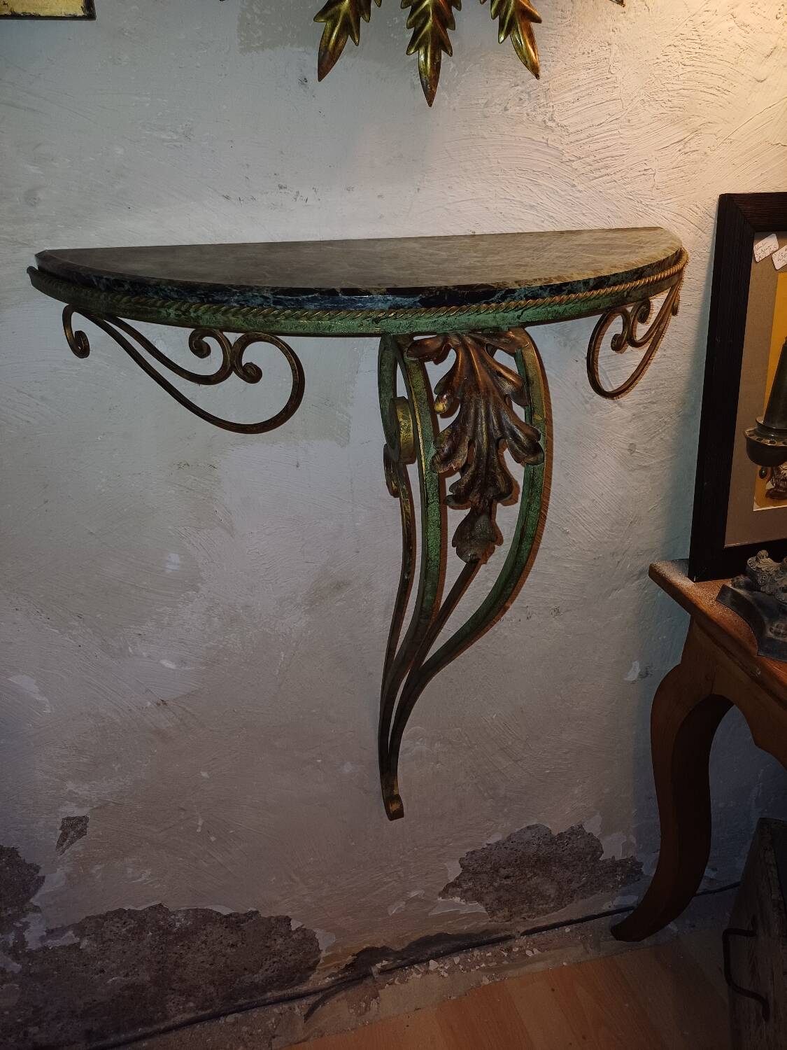 Wrought iron console, marble top 1940, 1950