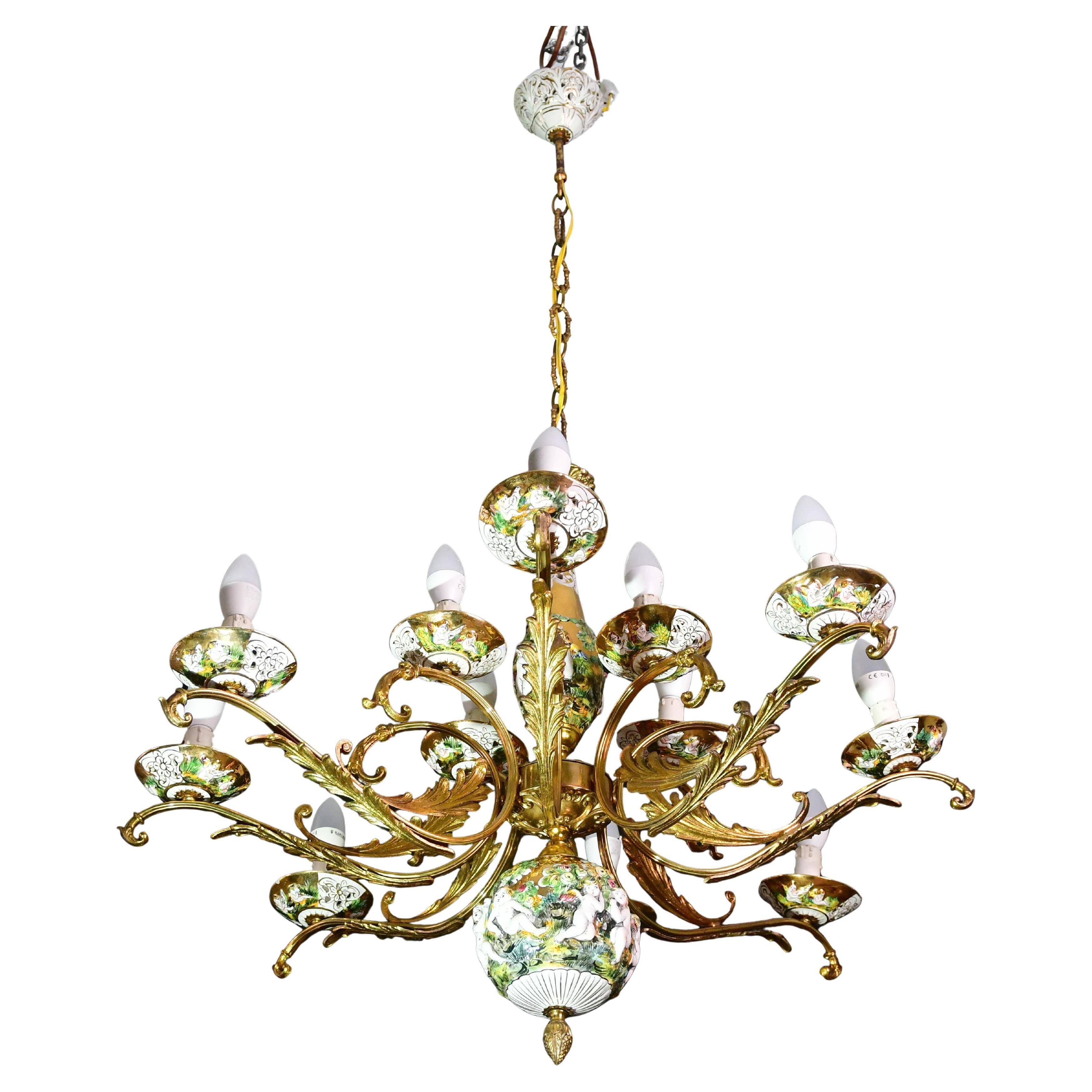Manila, large size 12 light Italian vintage ceramic chandelier, 1960