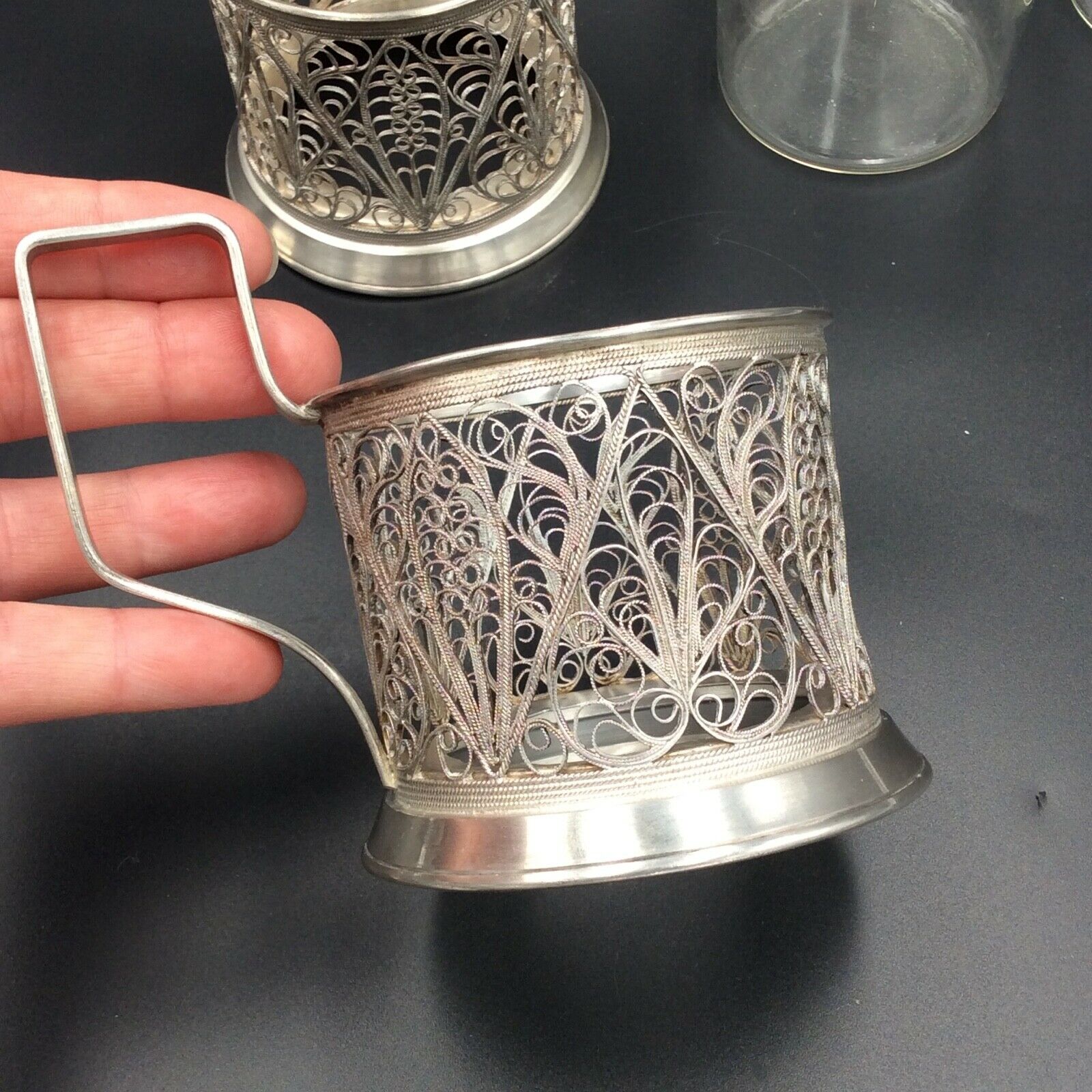 4 russian tea cups silver metal watermarked ussr