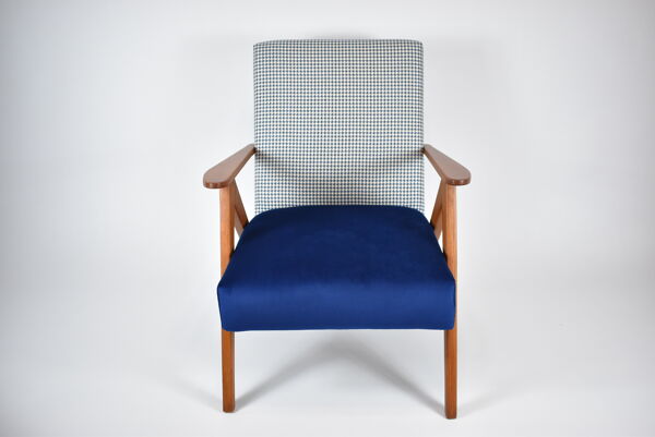 Fauteuil original restauré compas années 1960 velours bleu, pied de poule