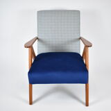 Fauteuil original restauré compas années 1960 velours bleu, pied de poule