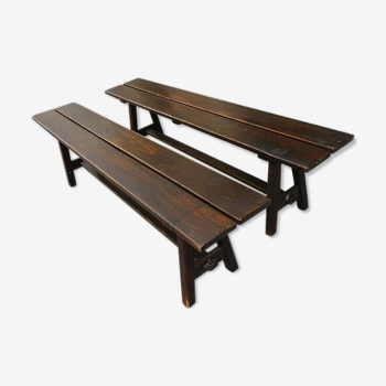 Pair of old solid wood benches
