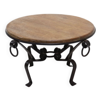 French Wrought Iron and Oak Circle Coffee Table 1960s