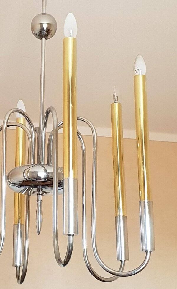 Lustre 1950s en laiton et laiton chromé à 6 lumières