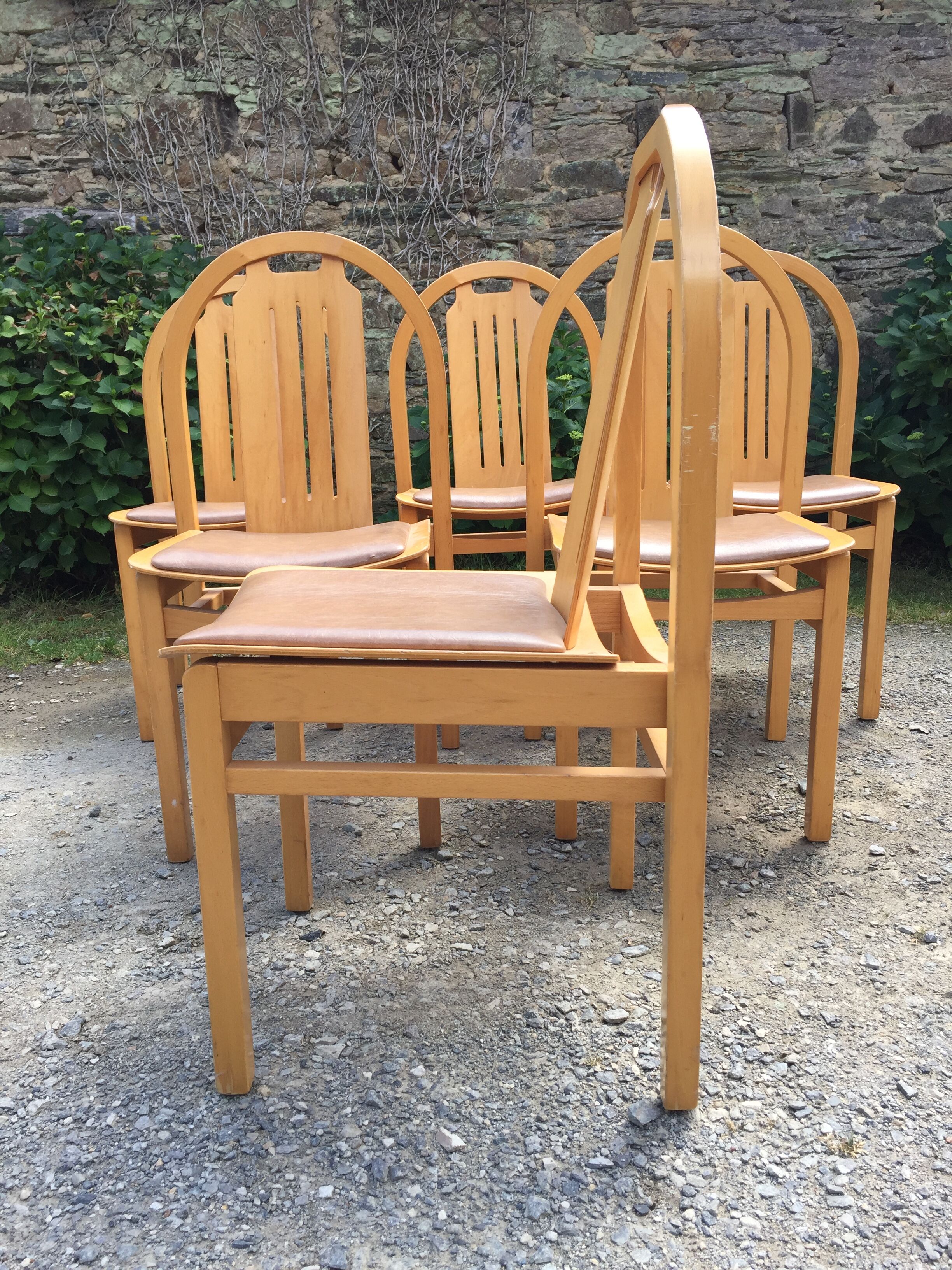 Vintage Baumann chairs in beech, seats in beige brown Skaï, series of 6.