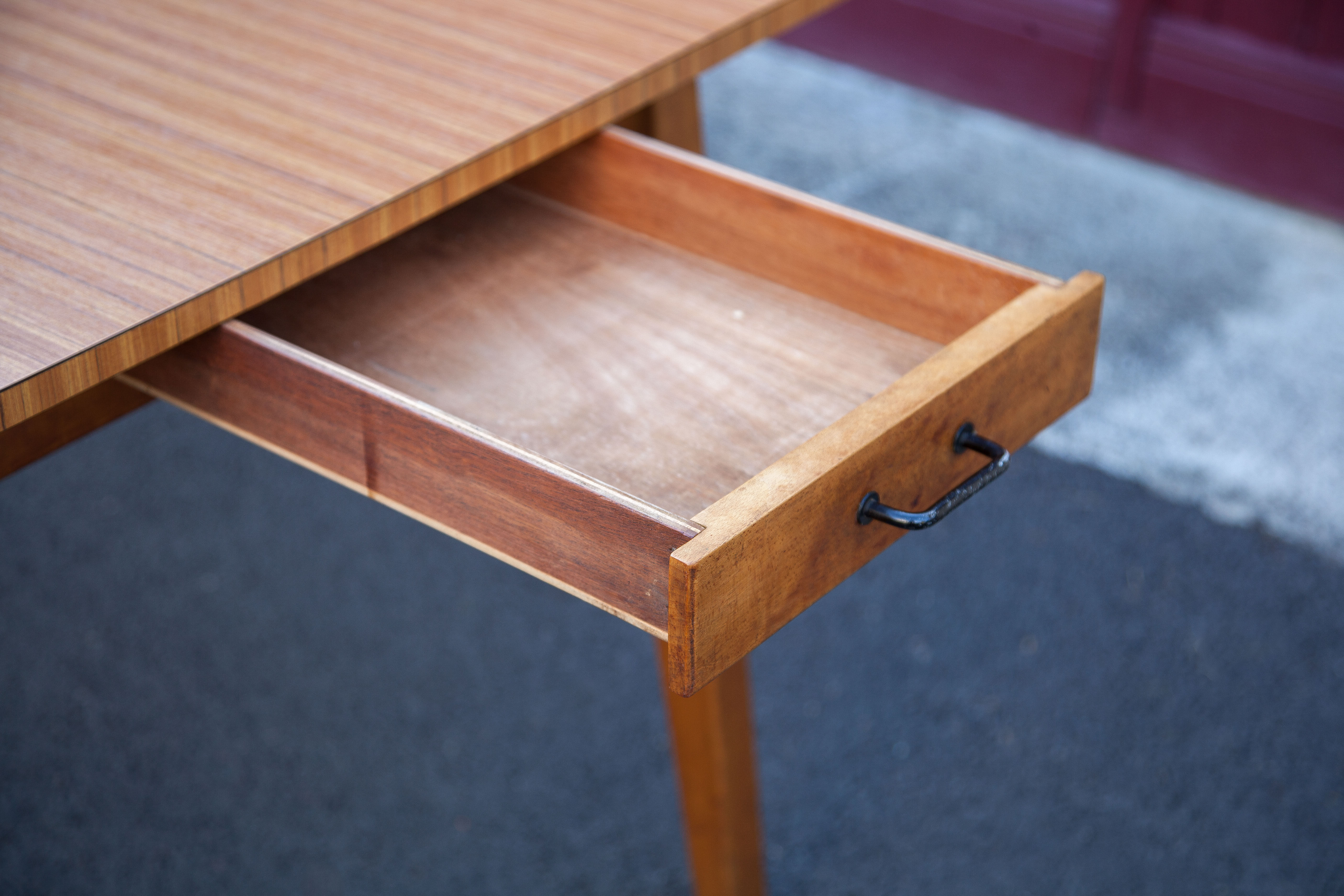 Antique dining table, wooden table and formica tray