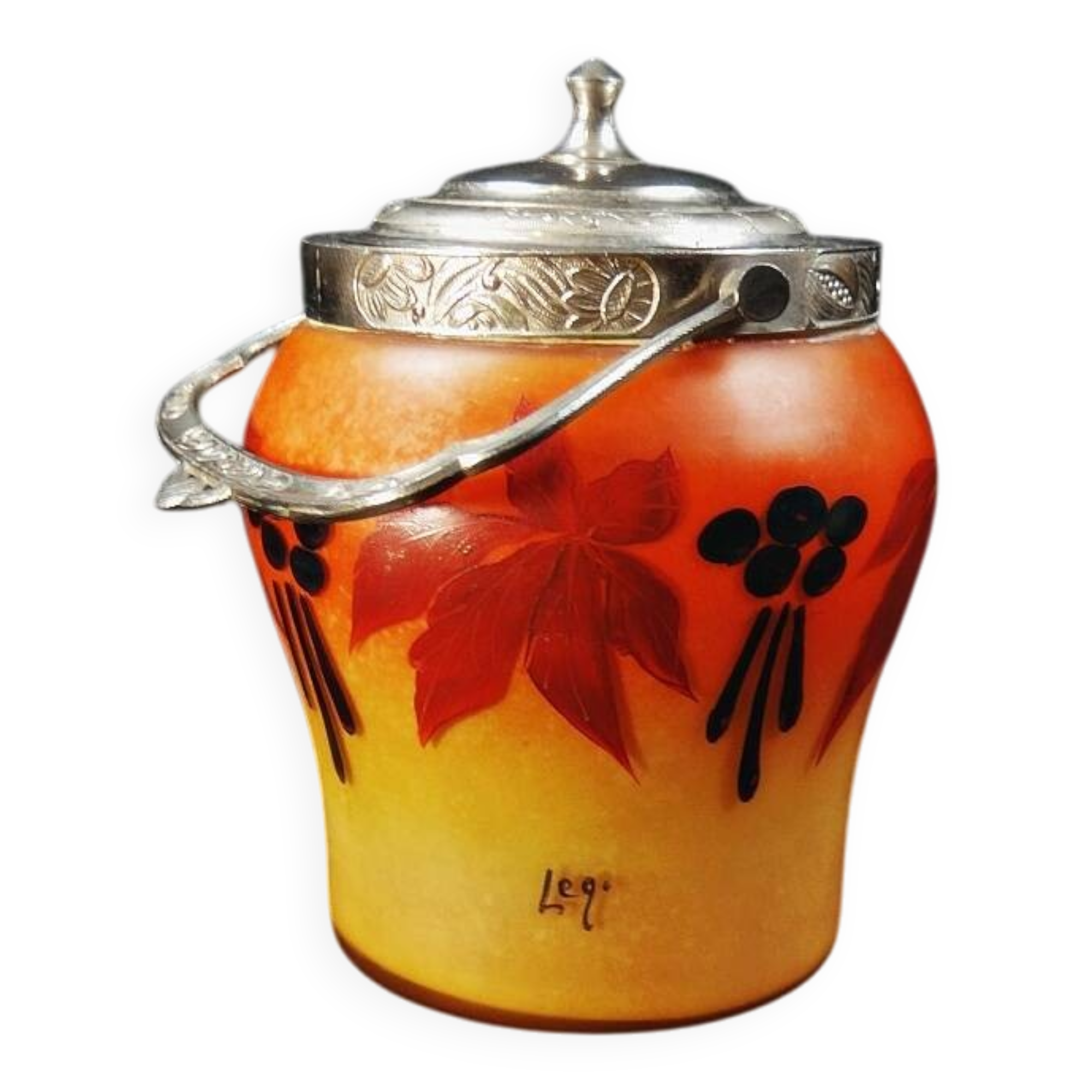 Legras-Montjoye enameled & painted glass biscuit bucket, Art Deco period