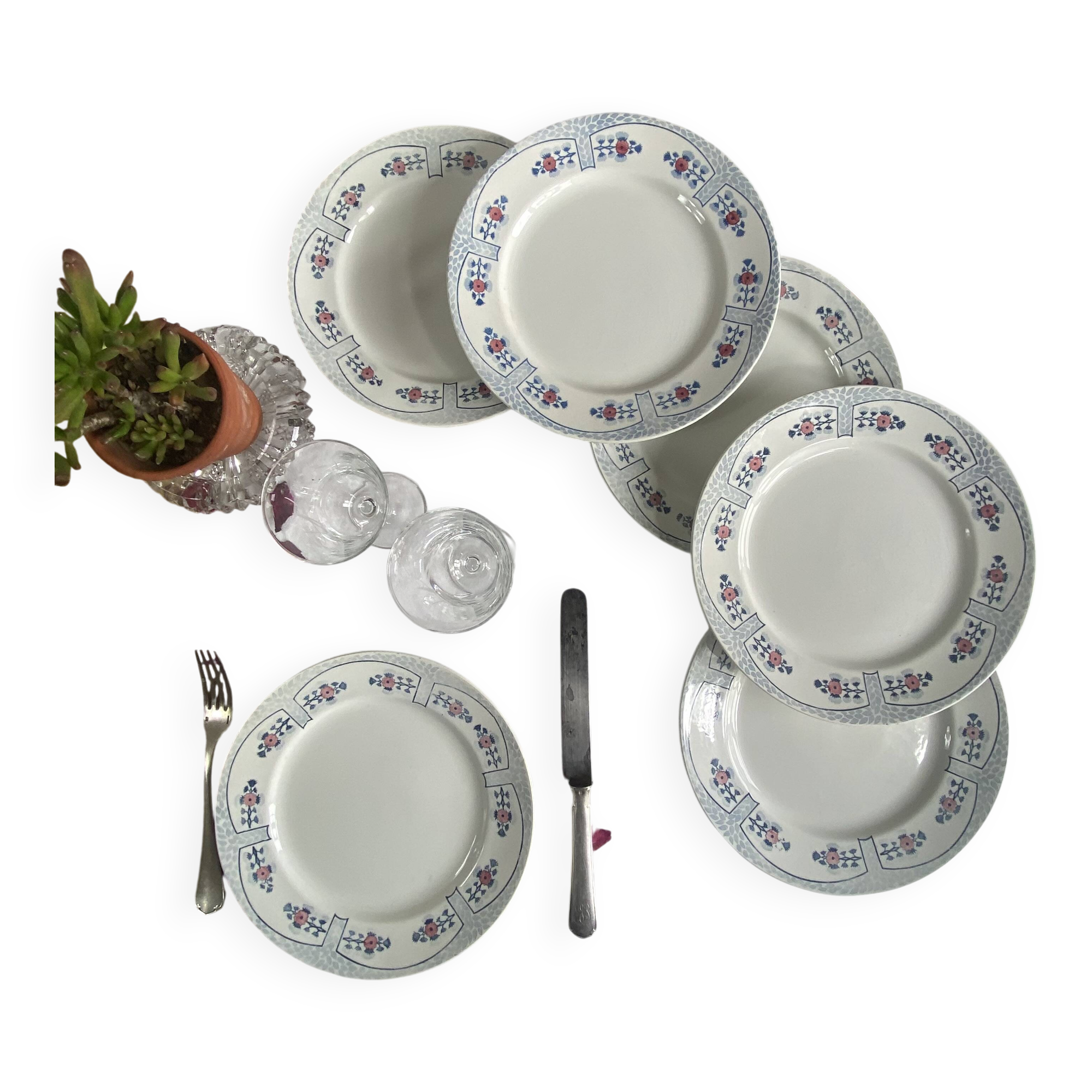 6 flat plates Creil and Montereau Toledo antique earthenware