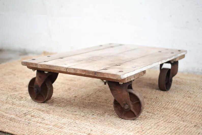 Vintage trolley coffee table, industrial wooden table on wheels, decor.