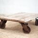 Vintage trolley coffee table, industrial wooden table on wheels, decor.