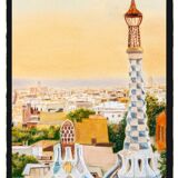 Dessin de barcelone vue du parc guell. dessin de barcelone. paysage urbain de barcelone.