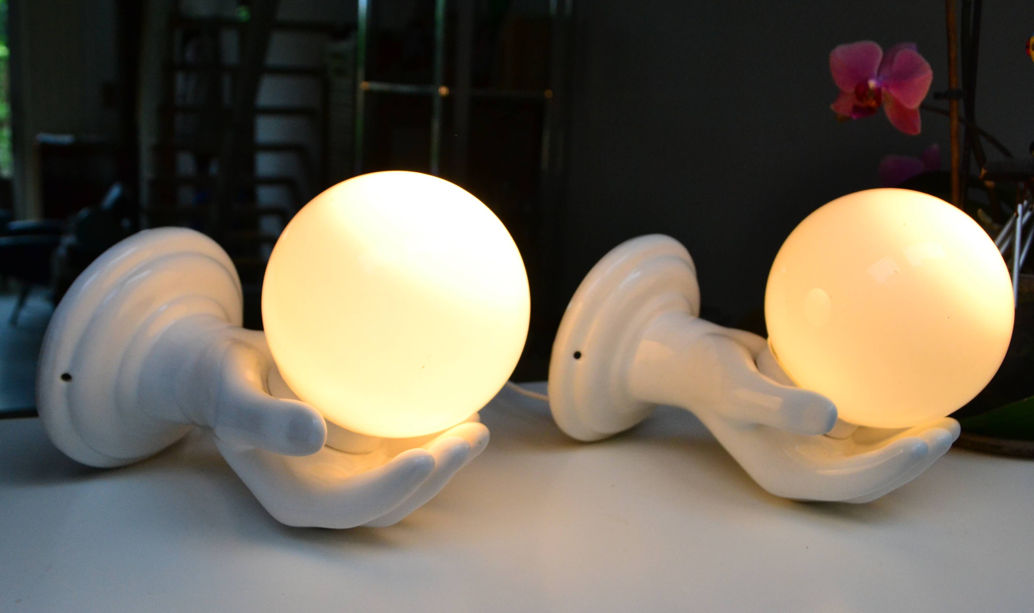 Pair of white ceramic wall lights from the 1970s.