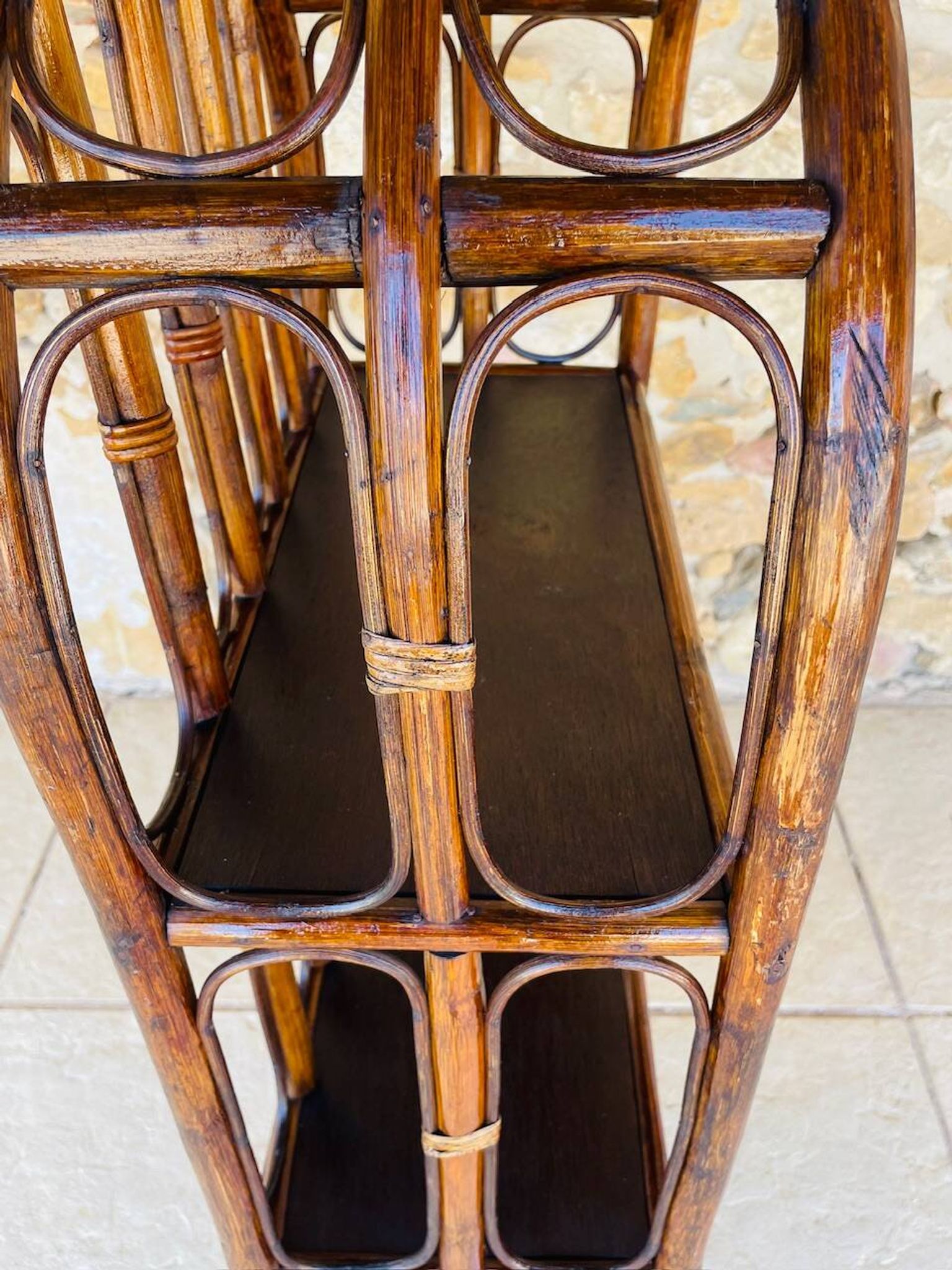 Vintage two-tier bamboo and rattan shelf with storage, Circa 1960