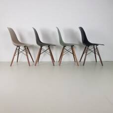 Eames Herman Miller DSW side chairs in light greige / elephant grey / seafoam green / black