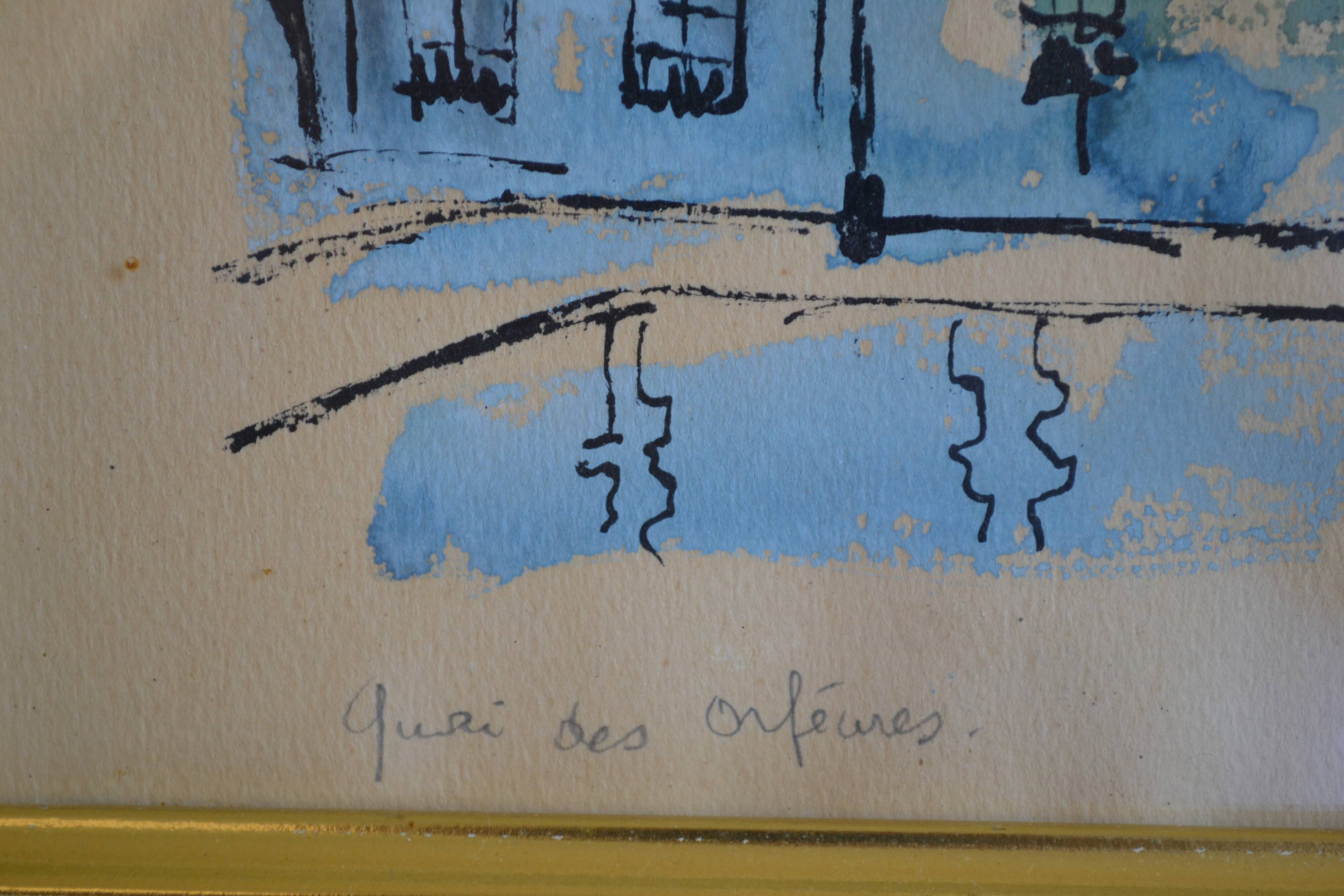 Paris the quai des orfèvres and the pont saint michel painting framed under glass