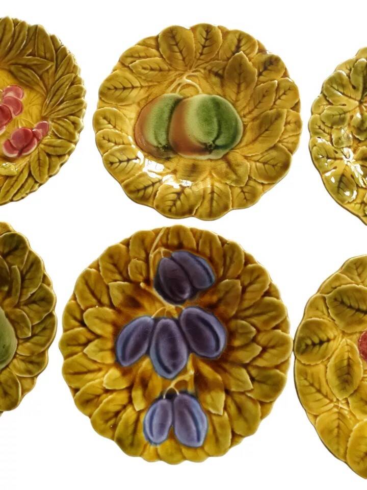 6 Assiettes A Dessert En Barbotine Divers Fruits Sarreguemines France Lot N°2