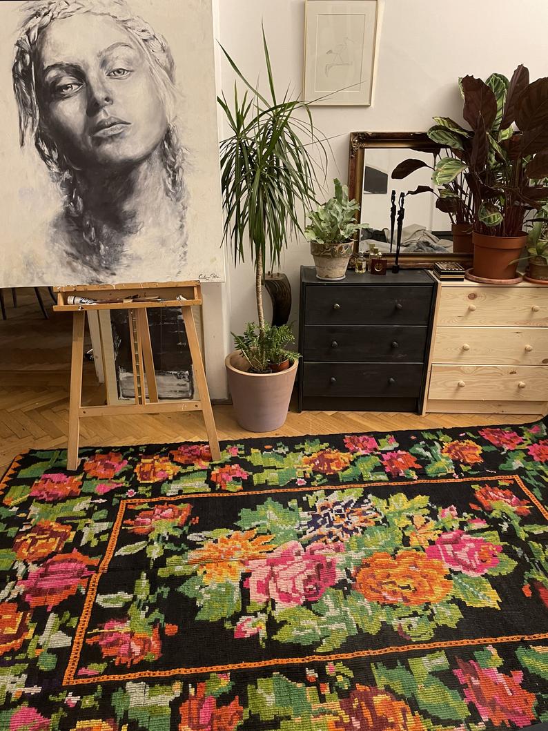 Floral handwoven carpet, colors on a black background - 262x160cm