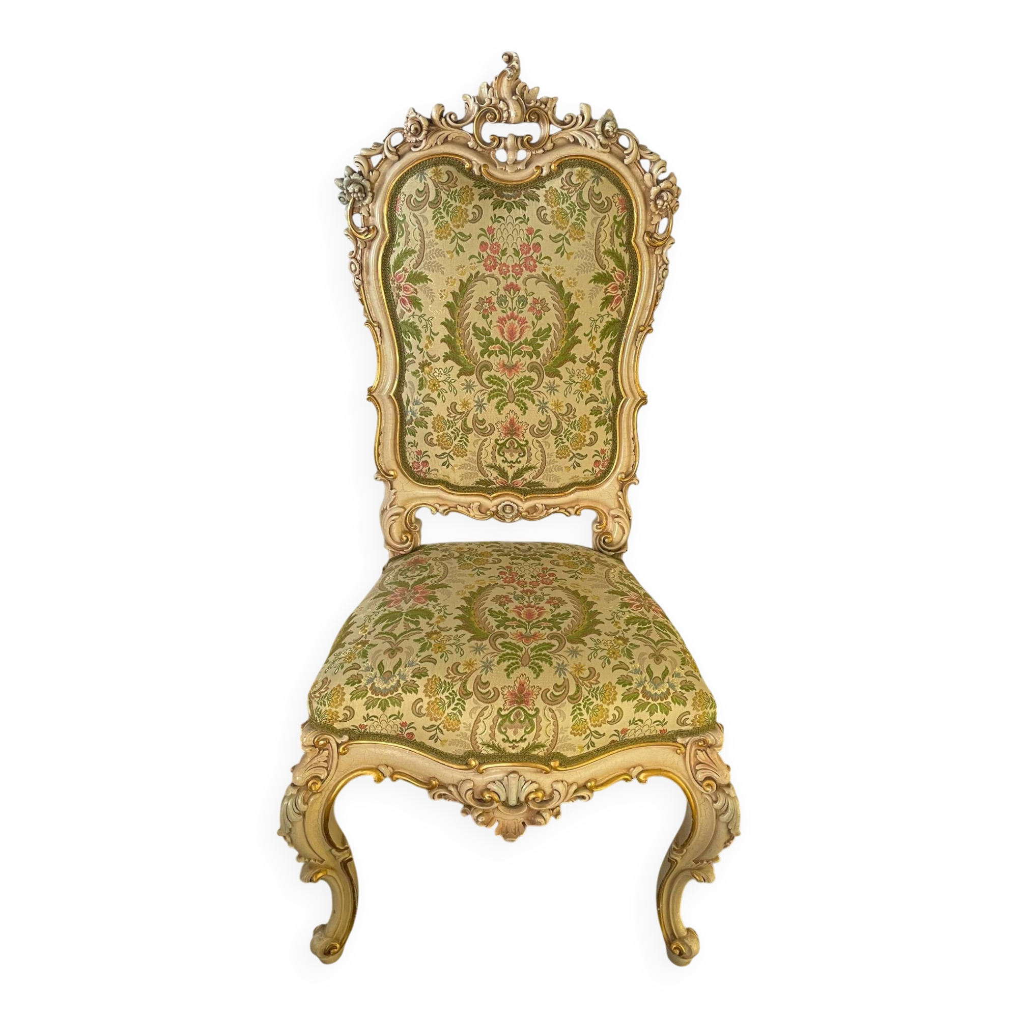 Set of 4 Venetian style sculpted wooden chairs, cream and gold, Italy.