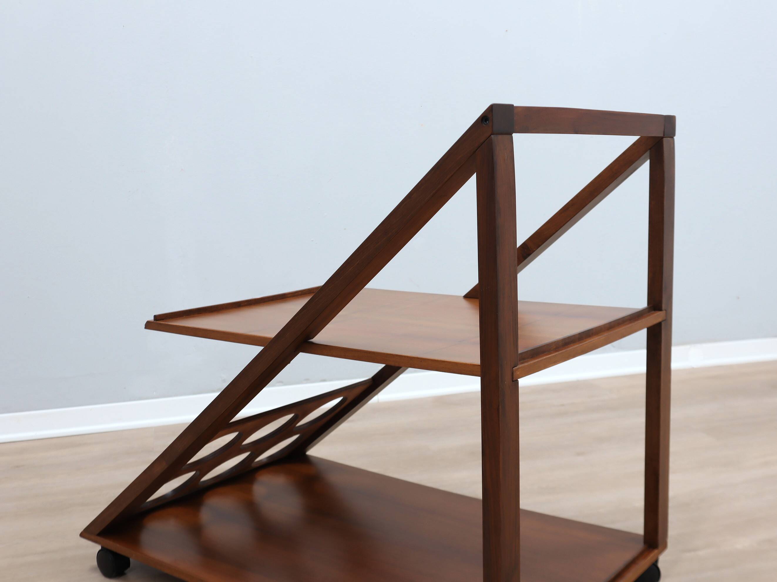 Vintage geometric walnut wood bar cart 1970s