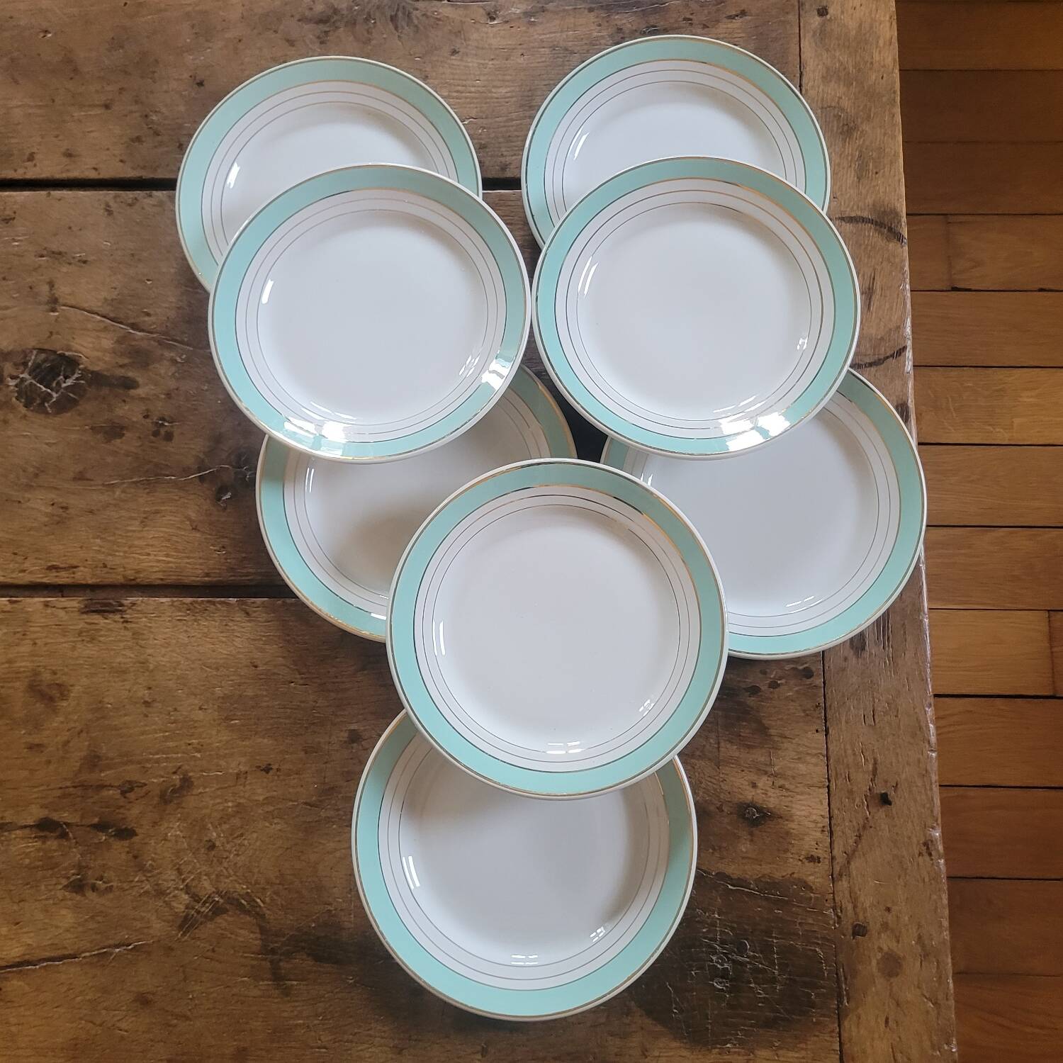 8 Lunéville Régence green water gold flat plates circa 1960