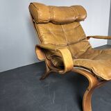 Fauteuil de salon suédois en cuir et bois courbé par Jan Bengstsson, années 1970