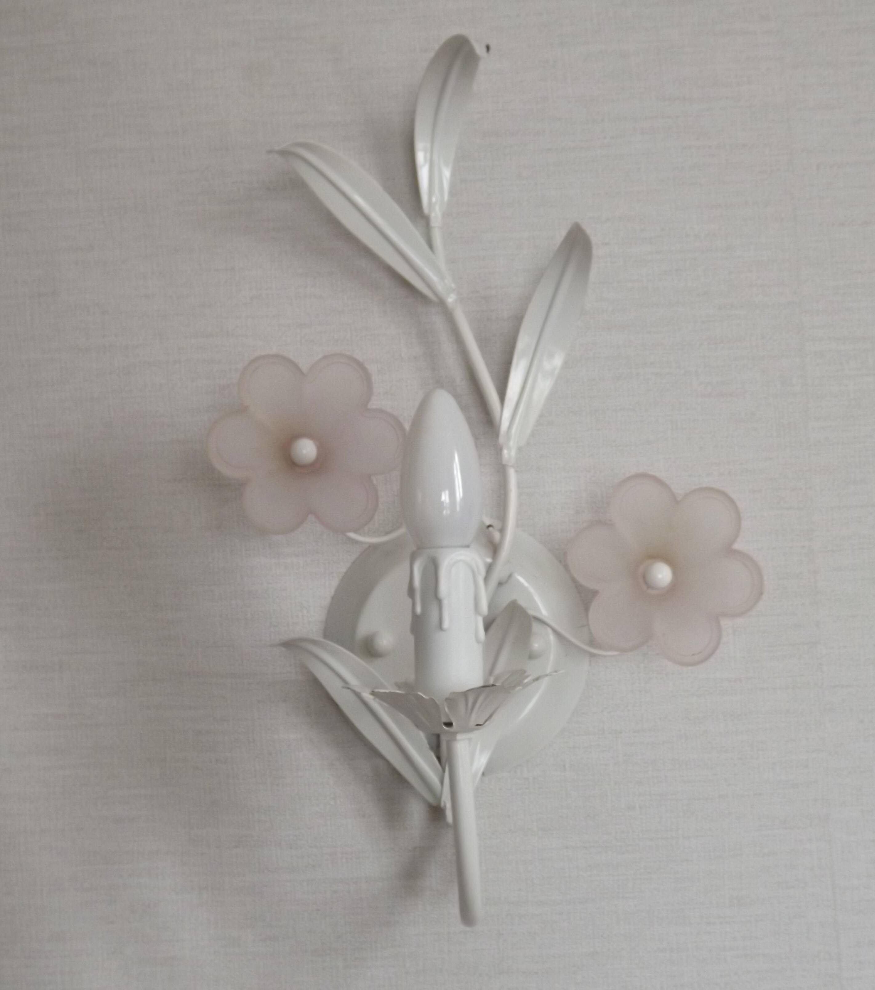 French vintage white metal double wall light with pink glass flowers 5438.