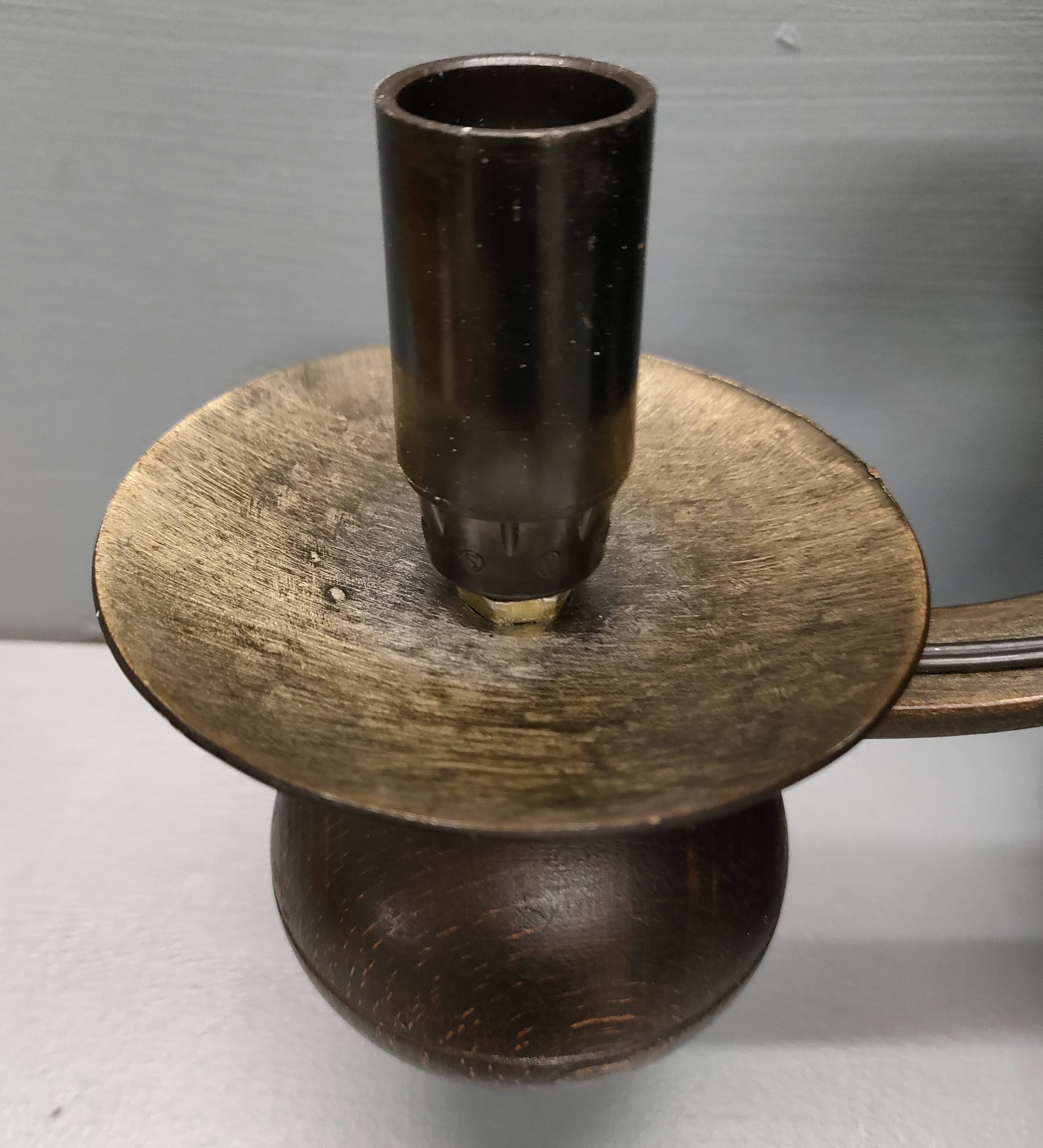 Medieval 2-light chandelier ~ hammered and patinated wrought iron ~ oak ~ 60s ~ France