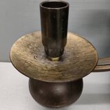 Medieval 2-light chandelier ~ hammered and patinated wrought iron ~ oak ~ 60s ~ France