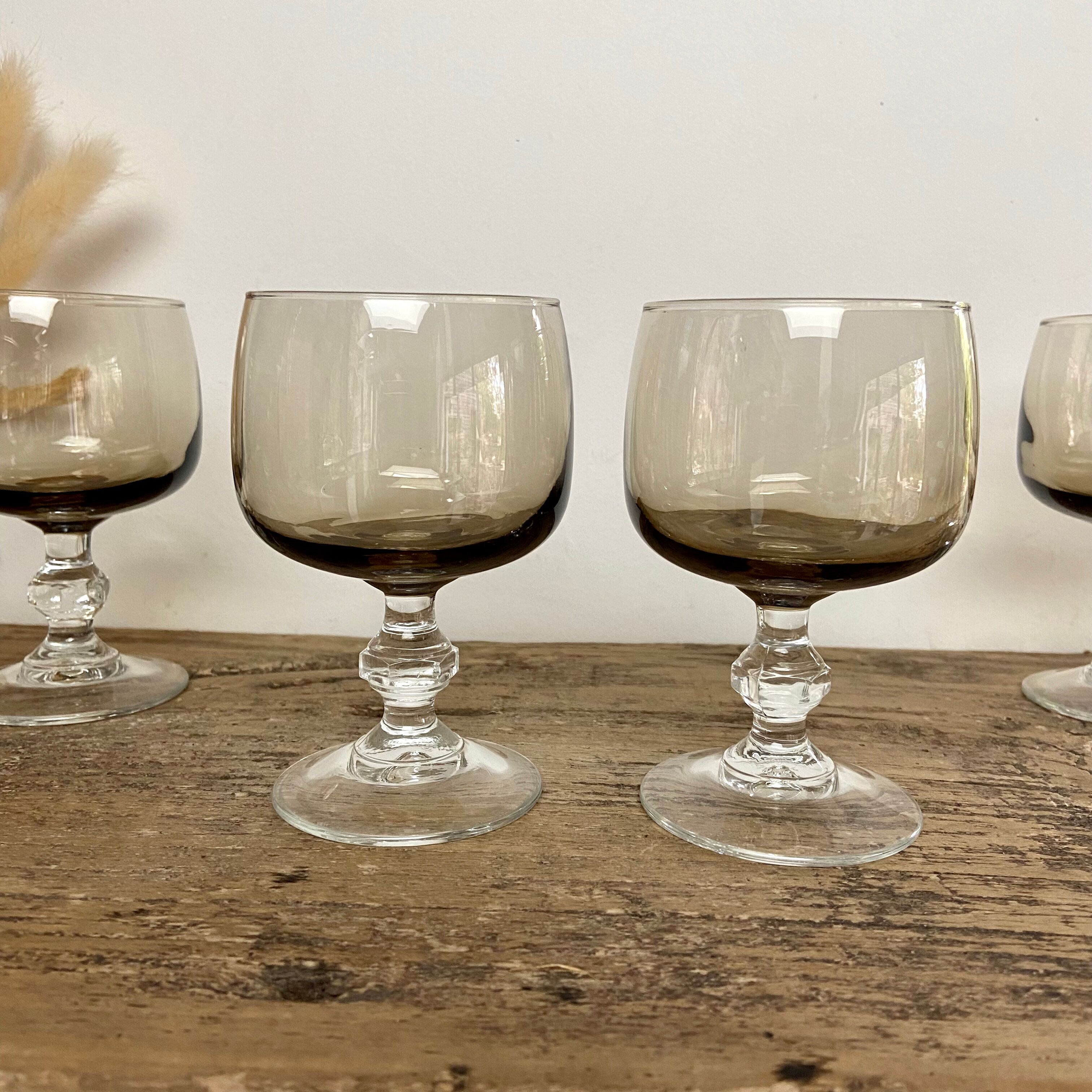 6 small vintage smoked stemmed glasses