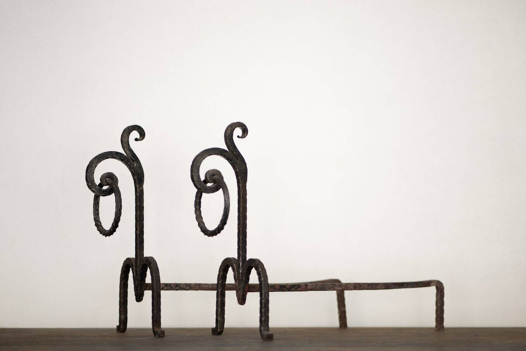 Brutalist wrought iron andirons, Italy, 1970s, set of 2.