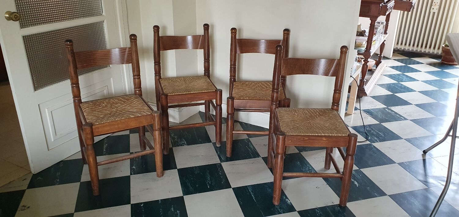 Set of 4 solid wood chairs with rush seating.