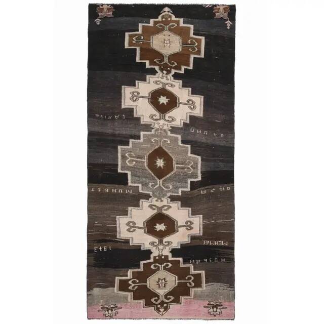 1970s Turkish Hand-Knotted Wool Cotton Brown Runner Rug 149x320