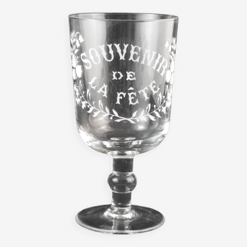 Grand verre soufflé 19 eme gravé souvenir de la fête