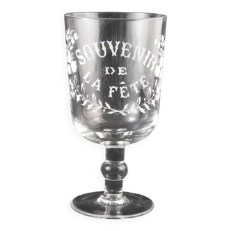 Grand verre soufflé 19 eme gravé souvenir de la fête