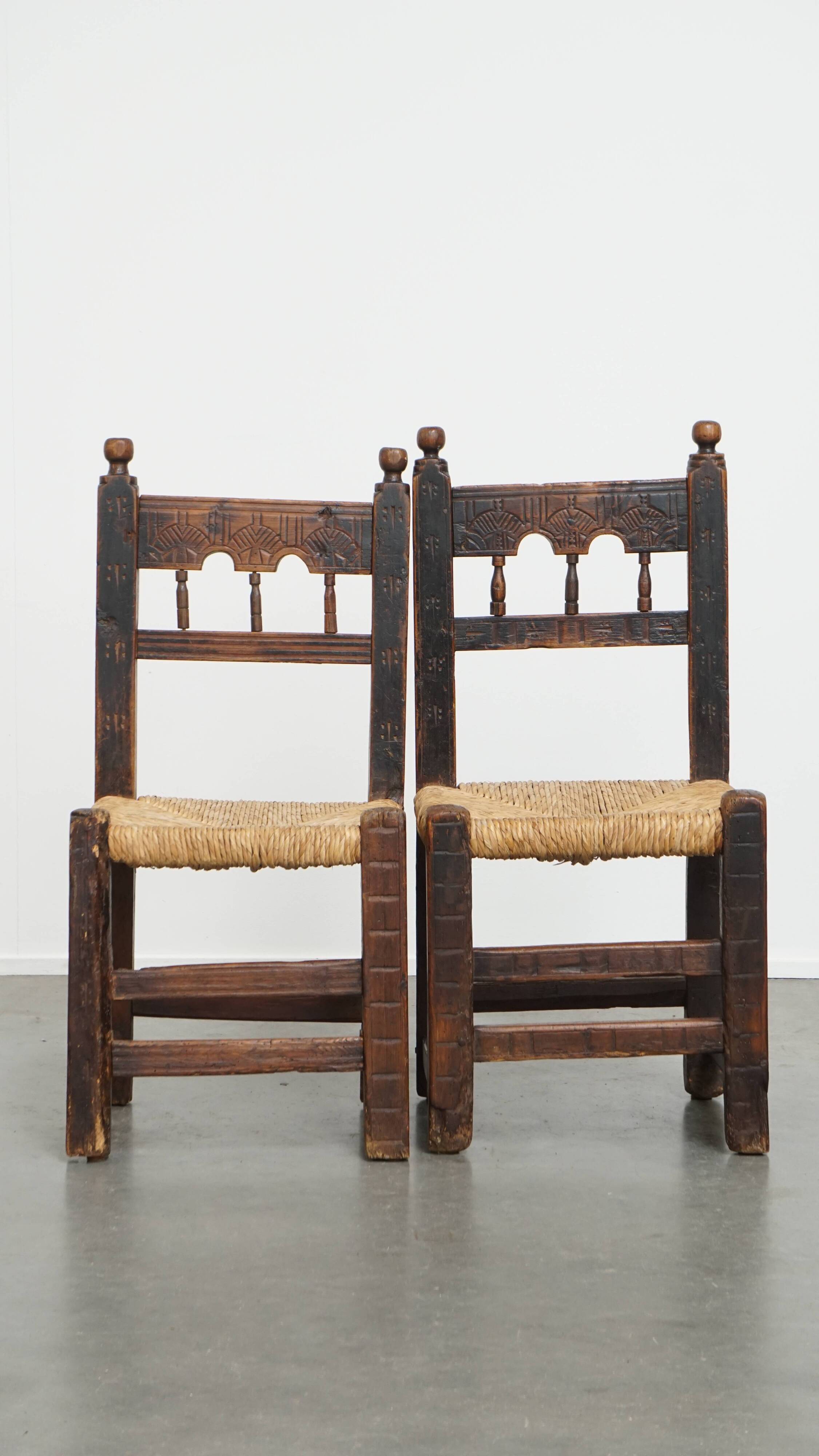Set of 4 Antique Spanish Country Chairs with Woven Rattan Seats